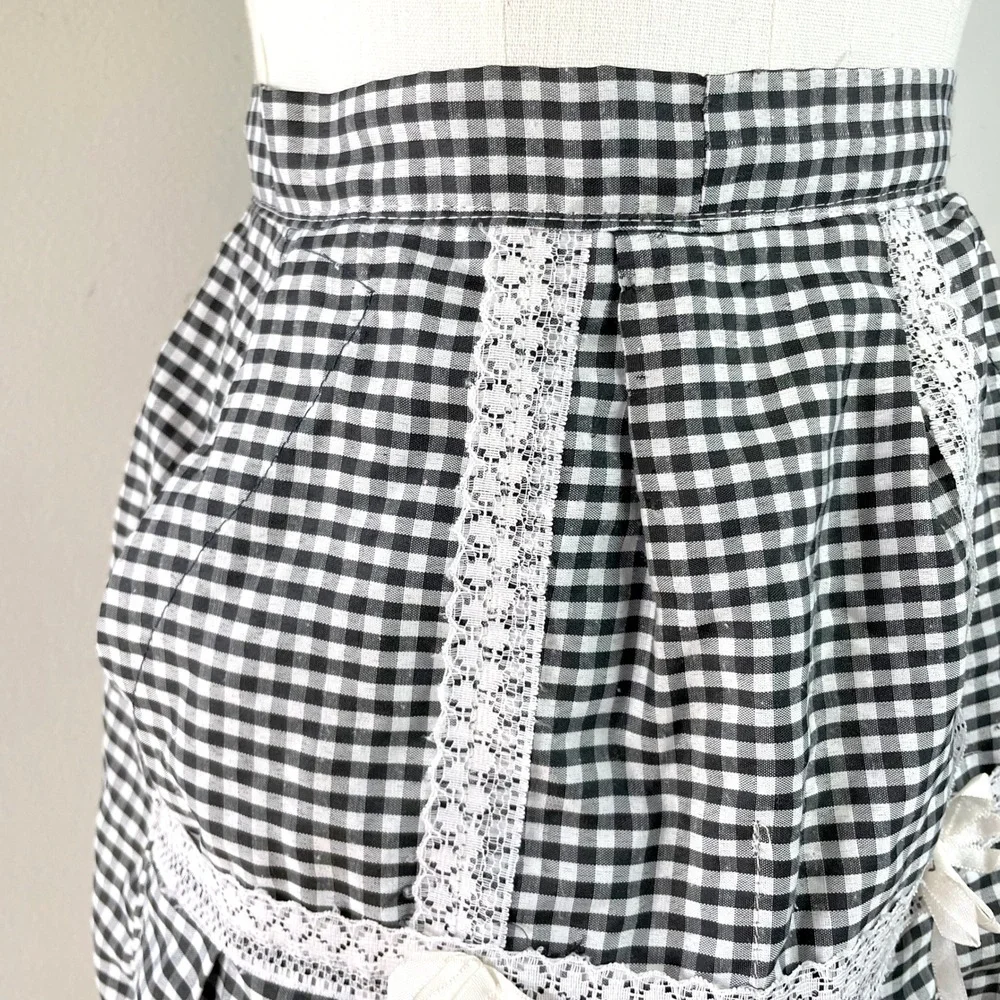 Vintage Gingham Half Apron Black White Check Lace Trim Bows Cottagecore Retro